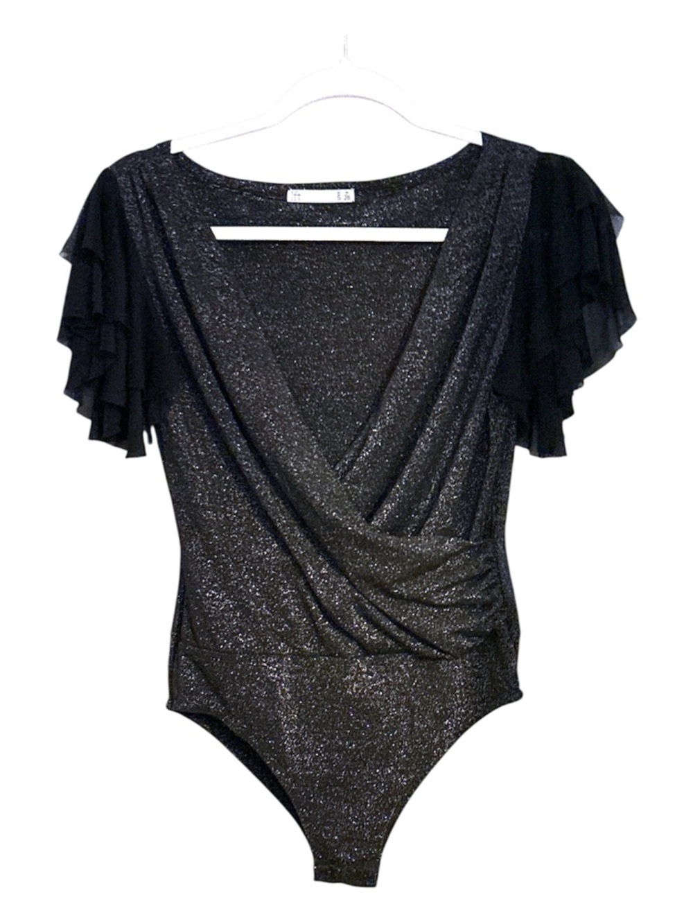 Sparkle Black Wrap-Front Bodysuit with Ruffle Sleeves